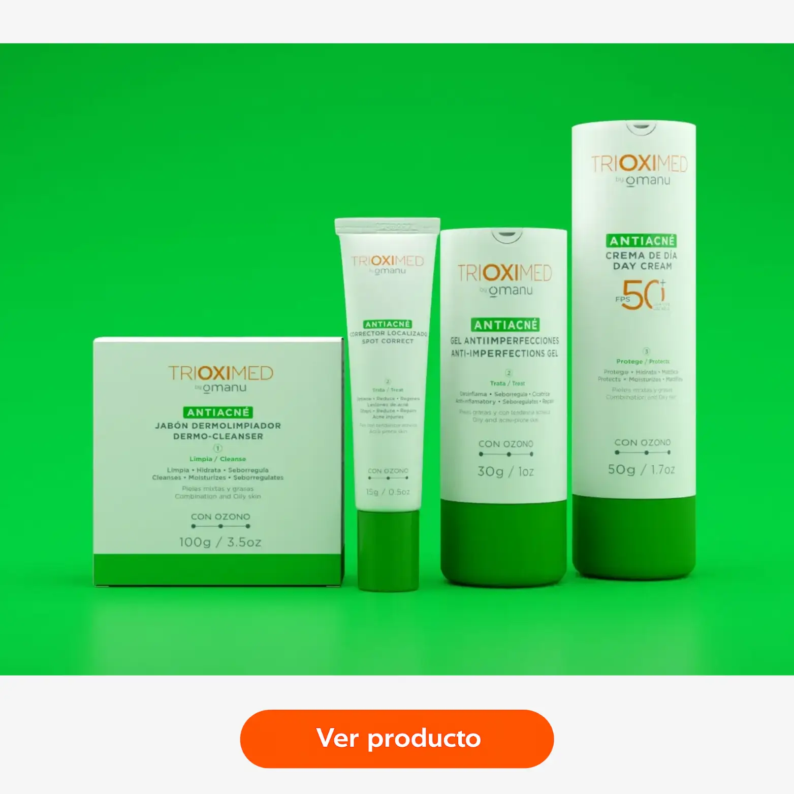 Kit antiacné Trioximed by Omanu con jabón dermolimpiador, gel antiimperfecciones, corrector localizado y crema de día FPS 50+ para piel grasa con tendencia acneica.